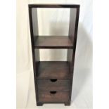 DARK TEAK CABINET with a plain square top above two open shelves with two drawers below, standing on