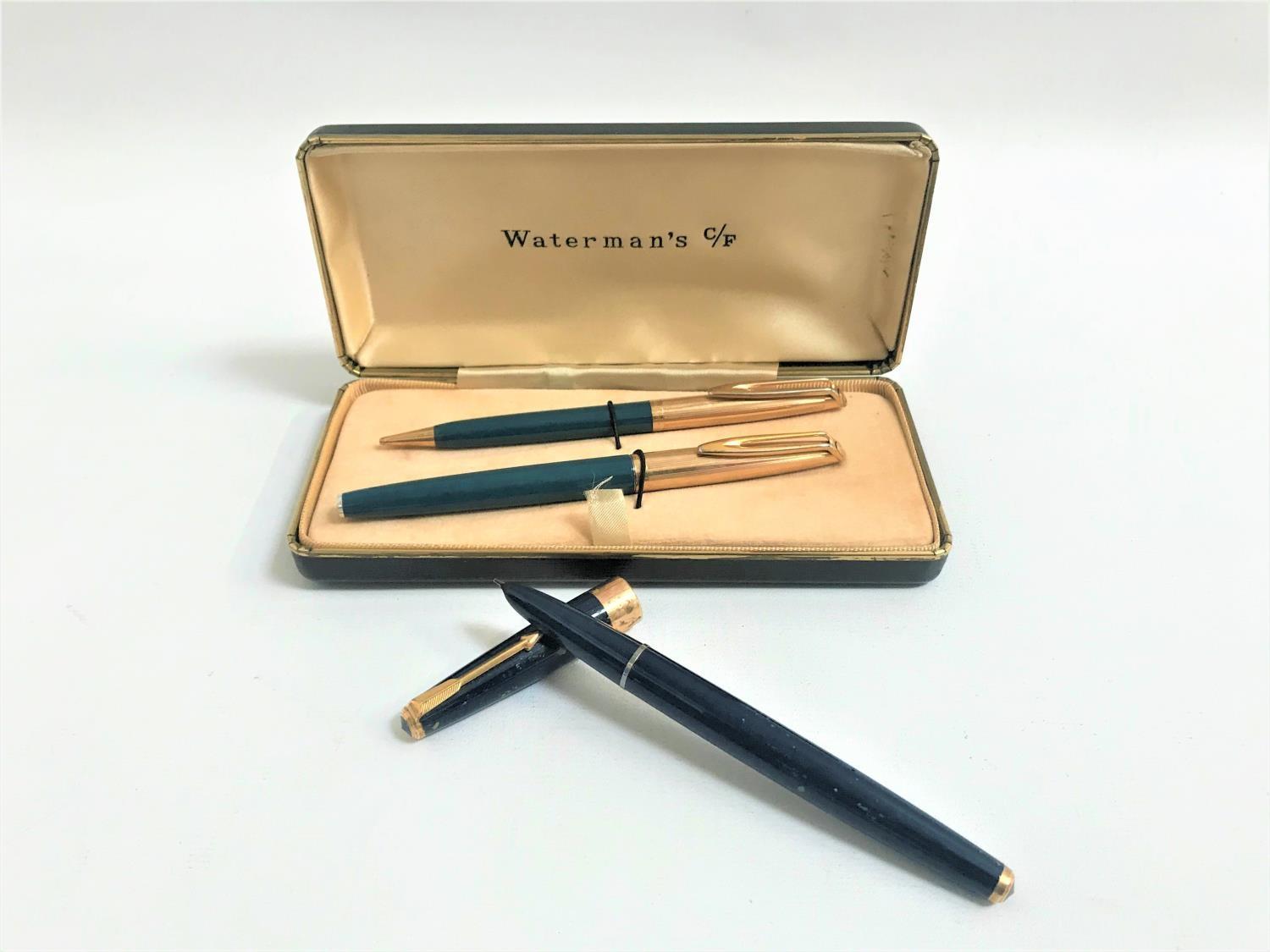 WATERMAN PEN SET comprising a fountain pen with a turquoise plastic body and a rolled gold lid, with