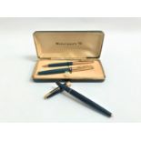 WATERMAN PEN SET comprising a fountain pen with a turquoise plastic body and a rolled gold lid, with