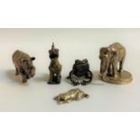 SELECTION OF FOUR SMALL SILVER ANIMALS ORNAMENTS comprising an elephant on circular stand, 3.6cm