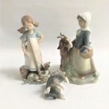 THREE LLADRO FIGURINES comprising a young girl with broom and playful cats, 20cm high; a young