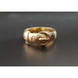 NINE CARAT GOLD BUCKLE DESIGN RING with engraved detail, ring size O and approximately 4.3 grams