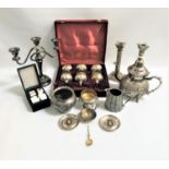 LARGE SELECTION OF SILVER PLATED ITEMS including a pair of Corinthian column candlesticks, four Saks