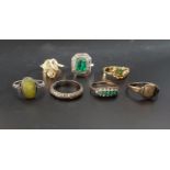 SEVEN STONE AND PASTE SET SILVER AND OTHER RINGS including an Art Deco faceted green glass and