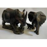 TWO AFRICAN CARVED EBONY ANIMAL ORNAMENTS one depicting Elephant with calf, and the other a