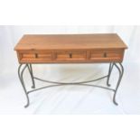 WAXED PINE CONSOLE TABLE with an oblong top above three panelled frieze drawers, standing on