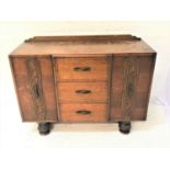 ART DECO OAK SIDEBOARD with a stepped raised back above three central drawers flanked by a pair of