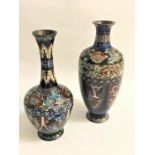 EAST ASIAN CLOISONNE VASE of baluster form with a blue ground with panels of birds and dragons and