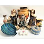 SELECTION OF DECORATIVE CERAMICS including a Capo di Monte figure of a tramp on a wall with his dog;