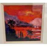 BRITISH SCHOOL Sunset on the beach, mixed media, indistinctly signed, 39.5cm x 39.5cm