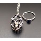 PANDORA SILVER FLOWER DECORATED PENDANT ON CHAIN the ovoid pendant formed with multiple black CZ set