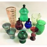 SELECTION OF COLOURFUL GLASSWARE including a pair of Italian Timon gilt decorated glasses; a large