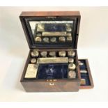 VICTORIAN BURR WALNUT TRAVELLING VANITY CASE with mother of pearl cartouch to the cover and