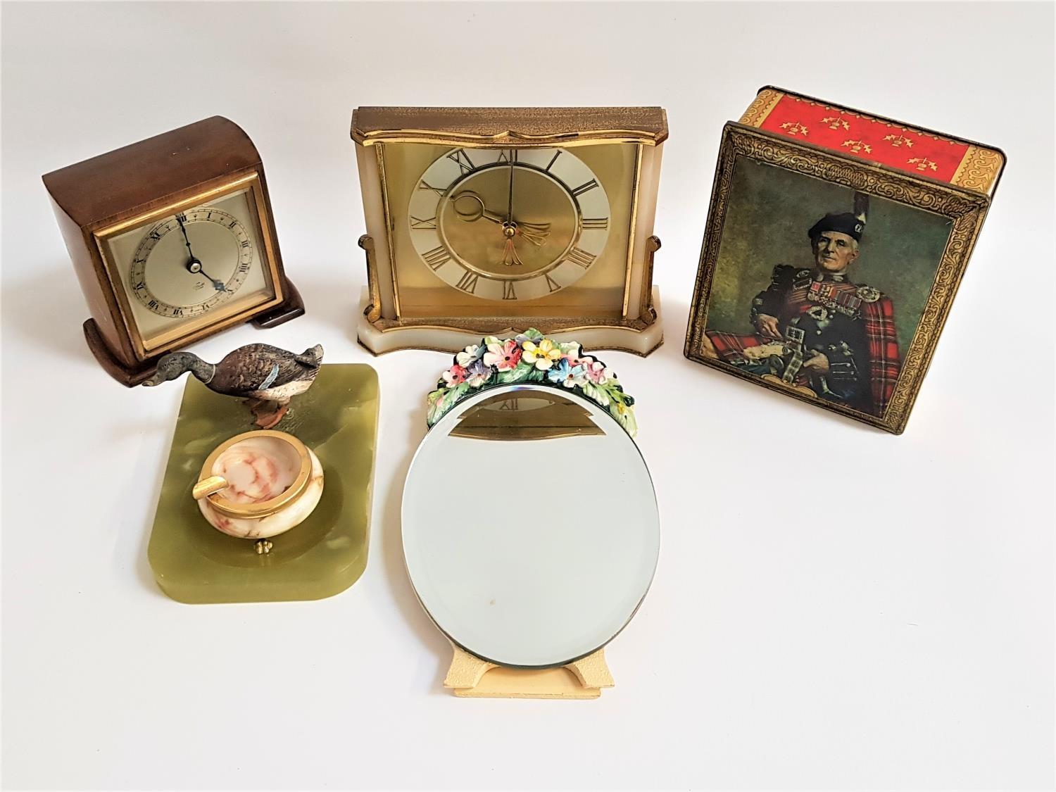 MIXED LOT OF COLLECTABLES including an Elliott walnut cased mantle clock, an alabaster and gilt