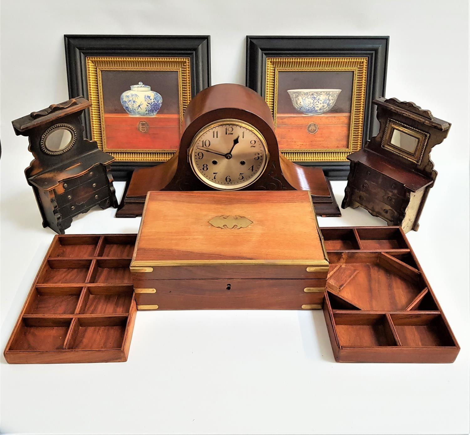 MIXED LOT OF COLLECTABLES including a teak and brass bound jewellery box, mahogany cased eight day