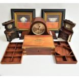 MIXED LOT OF COLLECTABLES including a teak and brass bound jewellery box, mahogany cased eight day