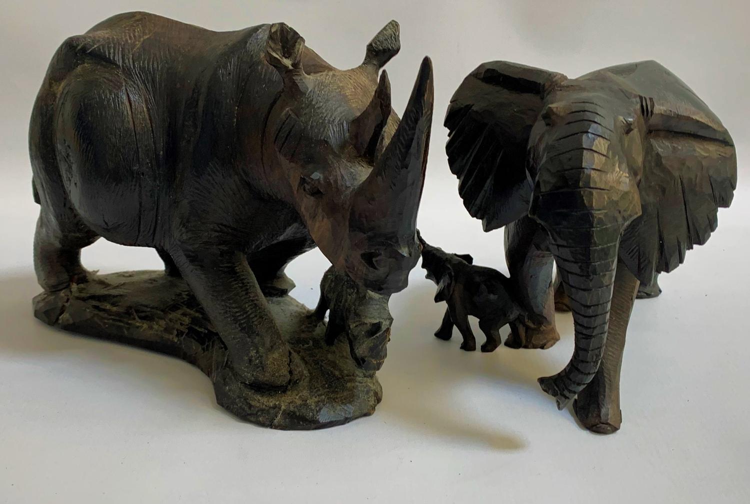 TWO AFRICAN CARVED EBONY ANIMAL ORNAMENTS one depicting Elephant with calf, and the other a