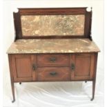 EDWARDIAN MAHOGANY AND INLAID WASH STAND with a raised marble back and top above two central drawers