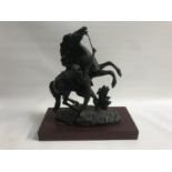 SPELTER FIGURE ORNAMENT depicting a classical scene of rearing stallion with attendant, on