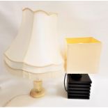 STAINED ASH TABLE LAMP with a multi layered step carved square base with a cream square shade,