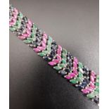 SAPPHIRE, RUBY AND EMERALD BRACELET the multiple marquise cut gemstones in alternating rows, in