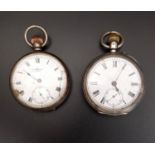 TWO SILVER CASED POCKET WATCHES both with top winders, white enamel dials, Roman numerals and