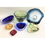 SELECTION OF COLOURFUL GLASSWARE including various blue and clear shaped bowls, a small amber