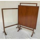 MAHOGANY SQUARE FIRE SCREEN with carry handle, standing on splayed supports, 81cm high, together