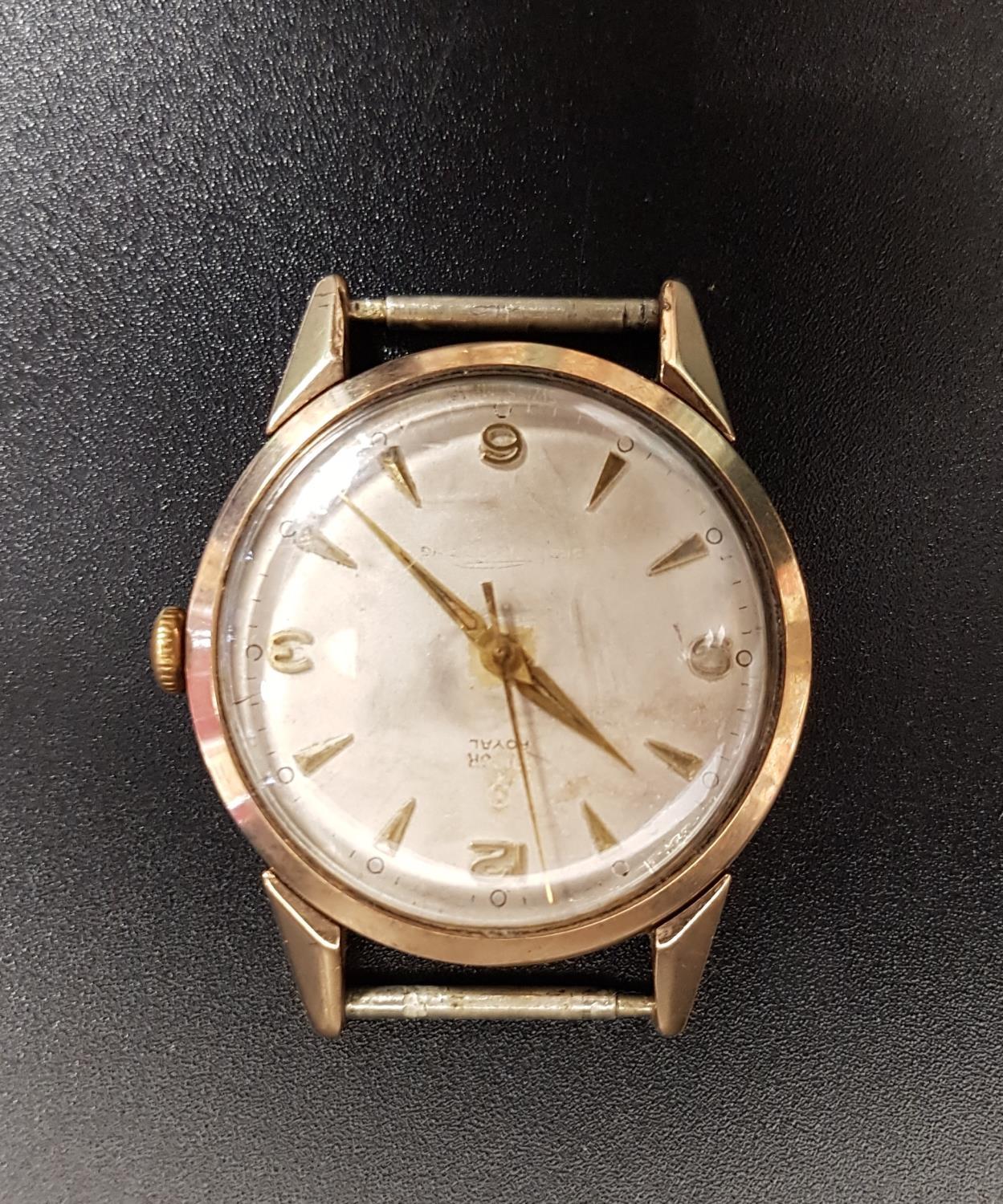 LATE 1950s TUDOR ROYAL GENTLEMEN'S NINE CARAT GOLD CASED WRISTWATCH the dial with Arabic 3, 6, 9 and