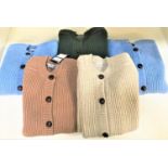 FIVE SUPER GEELONG LAMBSWOOL CARDIGANS all cable knit made in Scotland and with leather effect