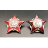 TWO WWII SOVIET RUSSIAN CAP BADGES the Soviet Order Of The Red Star, in white metal and red