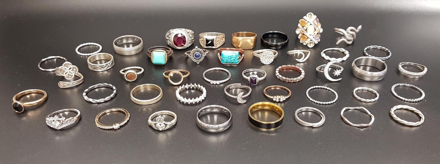 SELECTION OF SILVER AND OTHER RINGS including turquoise and other stone set examples, 1 box