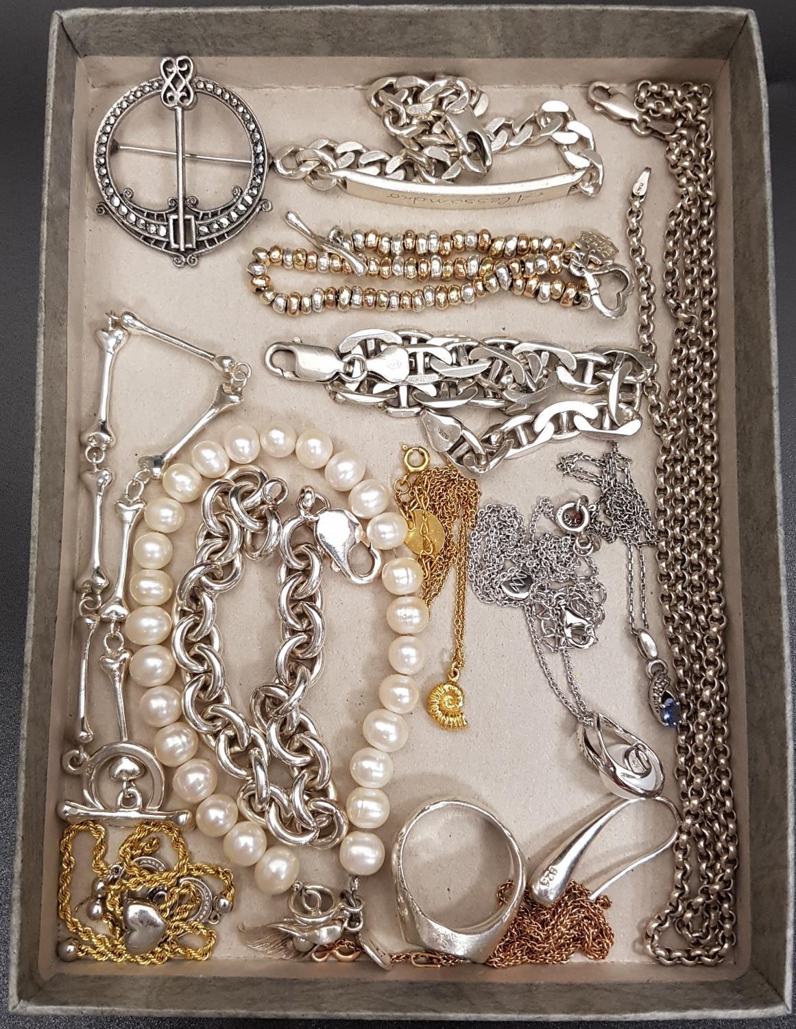 SELECTION OF SILVER JEWELLERY including a marcasite set brooch, a bone link bracelet, an identity