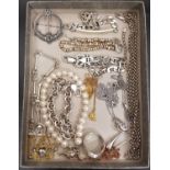 SELECTION OF SILVER JEWELLERY including a marcasite set brooch, a bone link bracelet, an identity