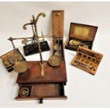 SELECTION OF WEIGHING SCALES including a travelling brass set in a mahogany box with weights,