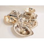 SELECTION OF SILVER PLATE including two oval boat shaped dishes, serving dish with a swing handle,