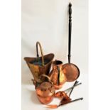SELECTION OF VINTAGE COPPER WARE including a helmet coal scuttle with a swing handle, warming pan