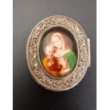 SILVER PILL BOX the oval box with central transfer printed panel depicting the Virgin Mary and
