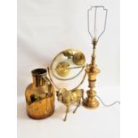 MIXED LOT OF BRASS WARE including an oval dressing table mirror, table lamp raised on a circular