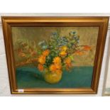 CONNOLLY Still life of a yellow vase of flowers, oil on canvas, signed and dated '87, 40cm x 50cm