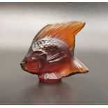 LALIQUE FROSTED AMBER COLOURED GLASS FISH ORNAMENT marked 'Lalique. France', 4.8cm high