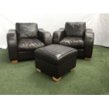 PAIR OF LEATHER CLUB ARMCHAIRS with shaped arms, on squat supports, together with a matching