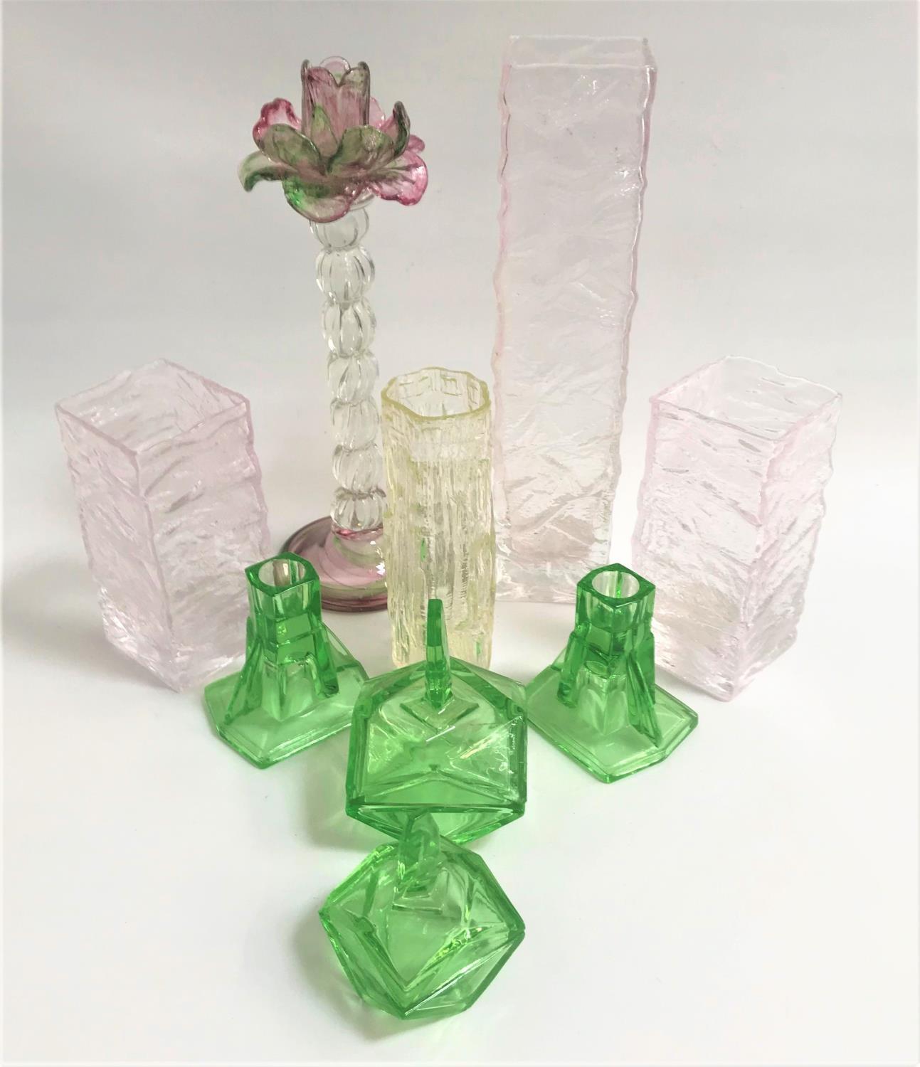 SELECTION OF GLASSWARE comprising an Art Deco green glass dressing table set, with two graduated