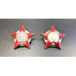 TWO WWII SOVIET RUSSIAN CAP BADGES the Soviet Order Of The Red Star, in white metal and red