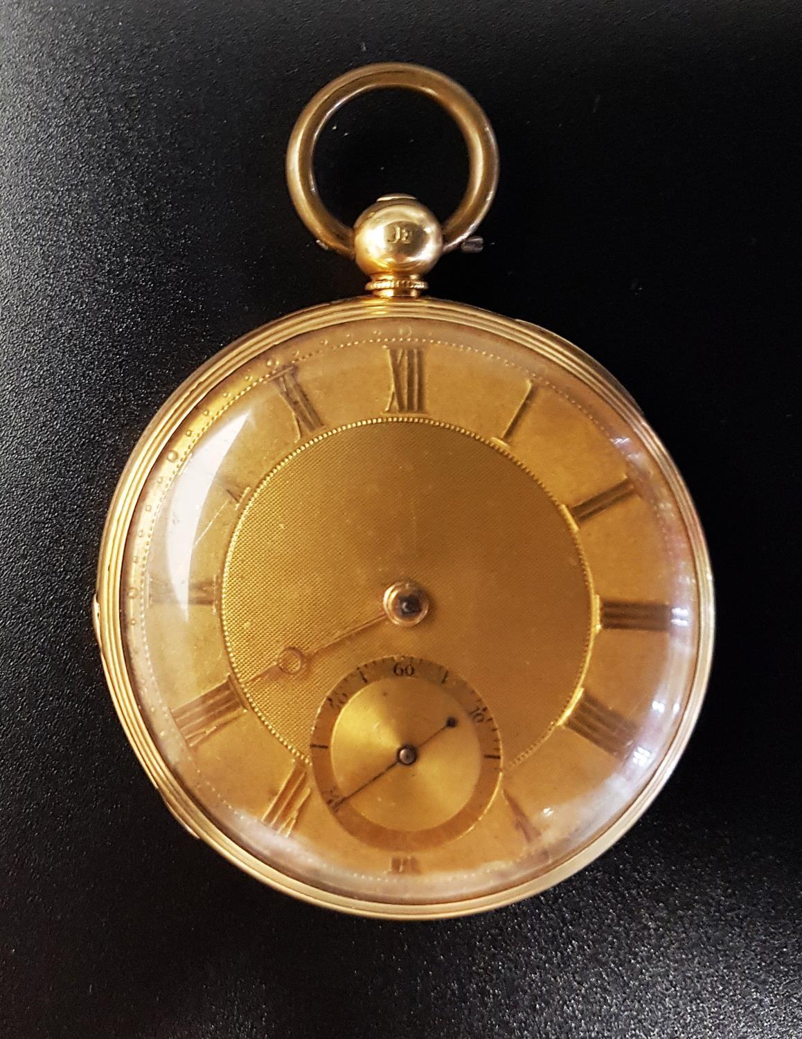 VICTORIAN EIGHTEEN CARAT GOLD POCKET WATCH the gold dial with Roman numerals and subsidiary