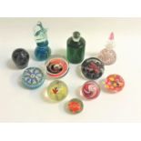 SELECTION OF GLASS PAPERWEIGHTS including a Perthshire millefiori with central P cane, a Caithness