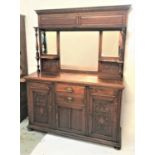 EDWARDIAN OAK MIRROR BACK SIDEBOARD with a carved dentil pediment above a moulded shelf with three