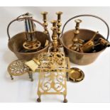 MIXED LOT OF BRASS WARE including preserve pans, candlesticks, trivets, table bells, crumb brush,