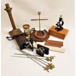 MIXED LOT OF COLLECTABLES including a flip dial brass carriage clock, brass Corinthian column