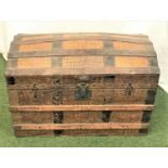 VIKING DOME TOP TRAVEL TRUNK with crocodile effect hammered tin covering and wood banding, 84cm wide